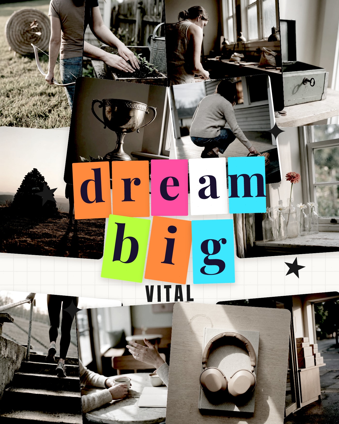 Open the Y2K style: a vision board with full-bleed photos and "dream big" cut out in neon letters.